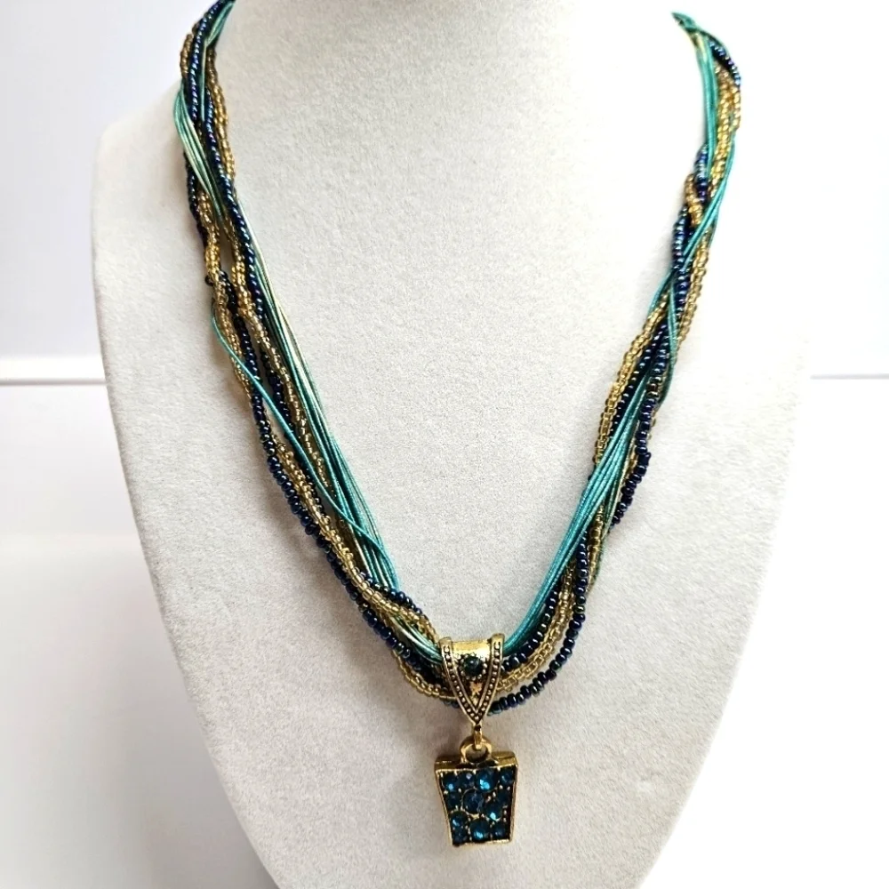 VINTAGE Seed Bead Turquoise and Gold Tone Twisted Multi Strand Pendant Necklace